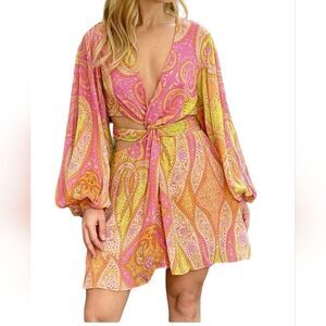 ZARA Pink Orange Multicolored Paisley Cutout LongSleeve  Dress Sz Xsmall NWT